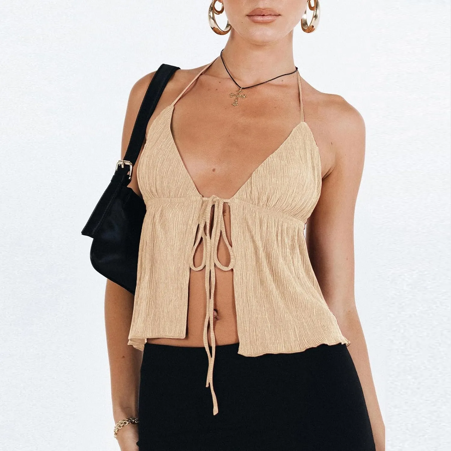RUEWEY Women Y2K Backless Crop Top Vintage Sexy Tie Up Halter Deep V Neck Spaghetti Strap Cami Top Streetwear