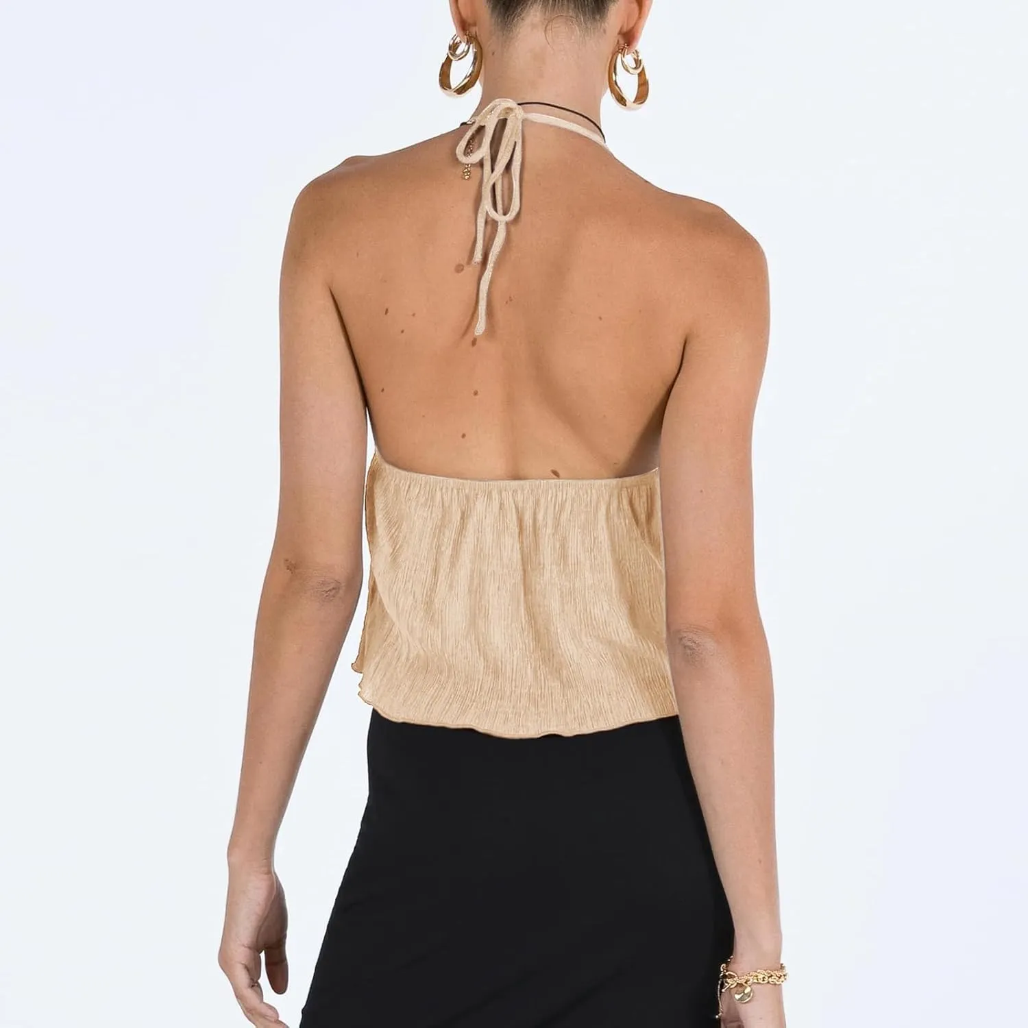 RUEWEY Women Y2K Backless Crop Top Vintage Sexy Tie Up Halter Deep V Neck Spaghetti Strap Cami Top Streetwear