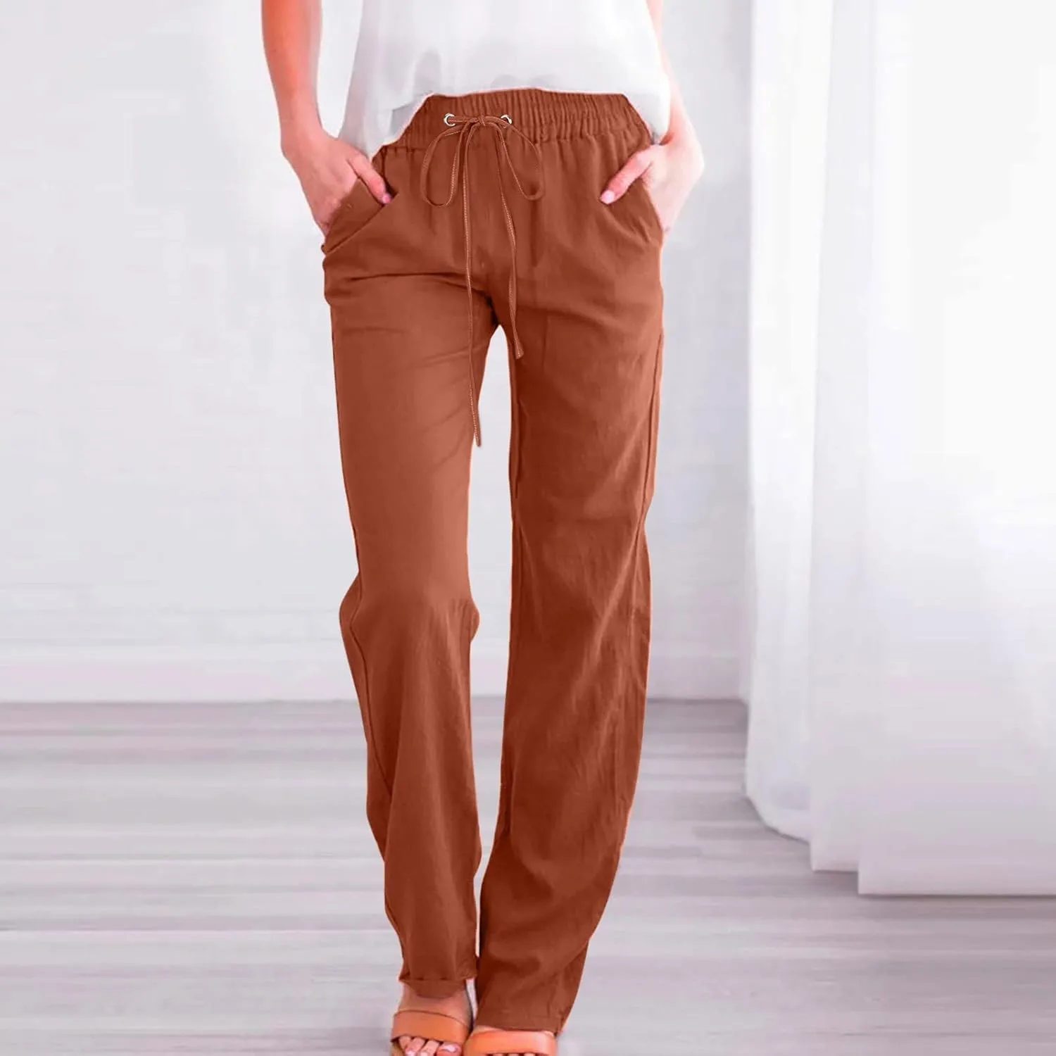Rvidbe Women Pants Trendy Womens Casual Straight Leg Drawstring Elastic Pants High Waist Loose Comfy Trousers Pants