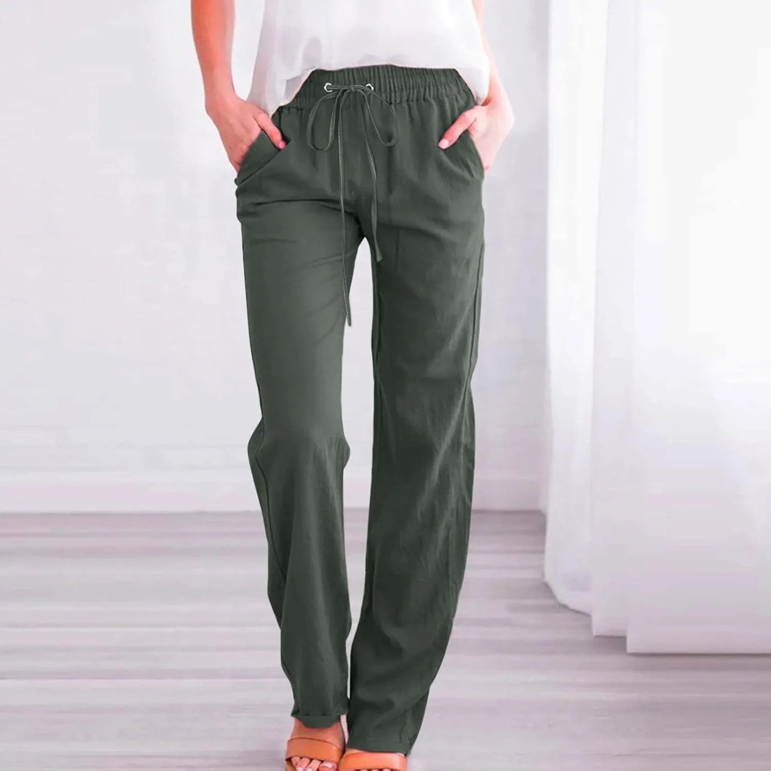 Rvidbe Women Pants Trendy Womens Casual Straight Leg Drawstring Elastic Pants High Waist Loose Comfy Trousers Pants