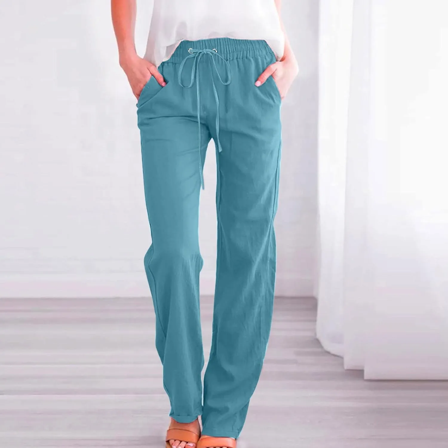 Rvidbe Women Pants Trendy Womens Casual Straight Leg Drawstring Elastic Pants High Waist Loose Comfy Trousers Pants