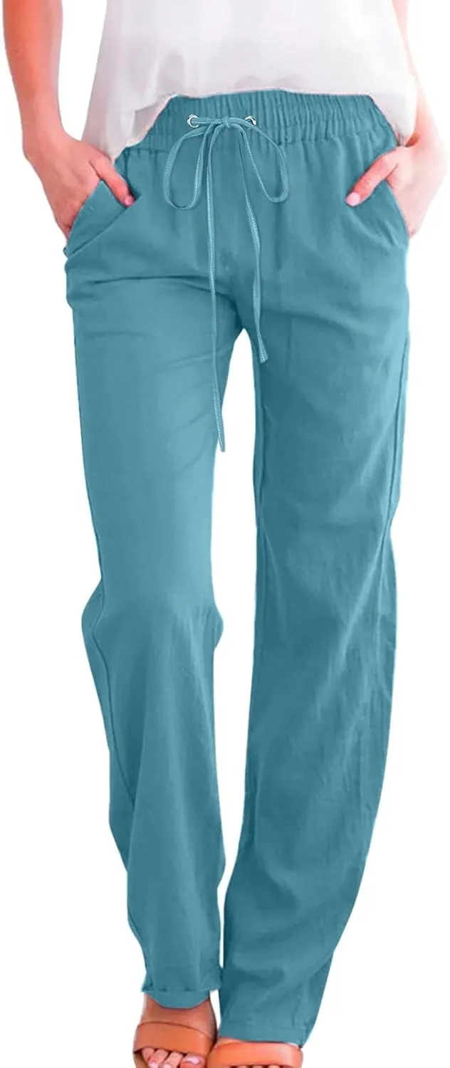 Rvidbe Women Pants Trendy Womens Casual Straight Leg Drawstring Elastic Pants High Waist Loose Comfy Trousers Pants