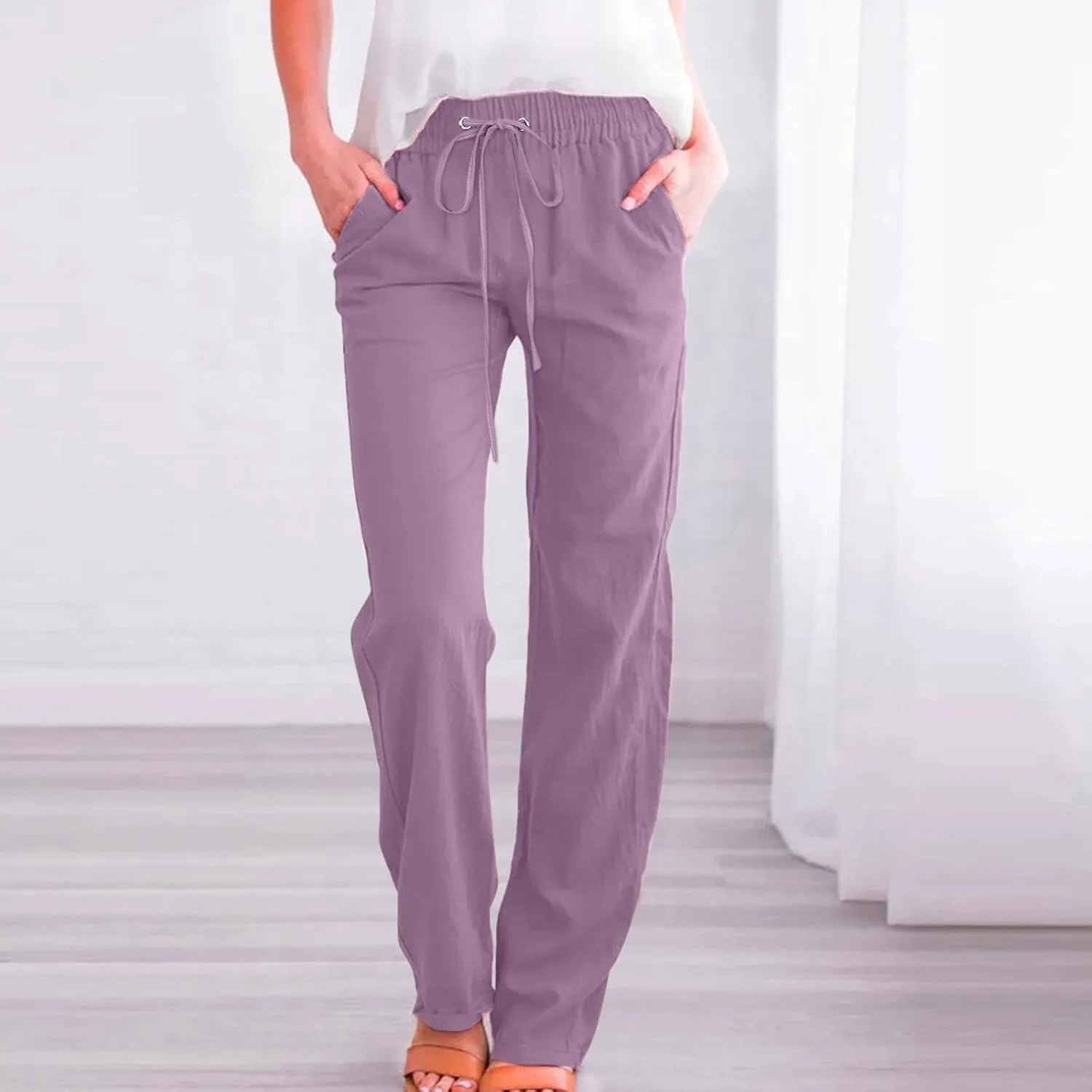 Rvidbe Women Pants Trendy Womens Casual Straight Leg Drawstring Elastic Pants High Waist Loose Comfy Trousers Pants