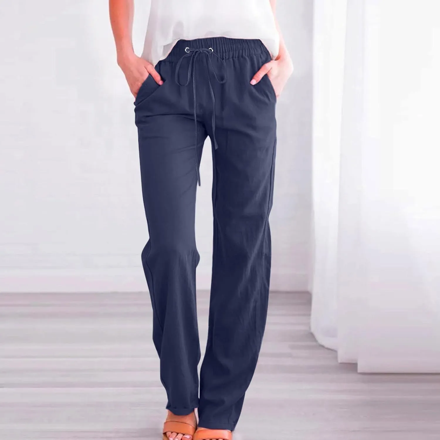 Rvidbe Women Pants Trendy Womens Casual Straight Leg Drawstring Elastic Pants High Waist Loose Comfy Trousers Pants