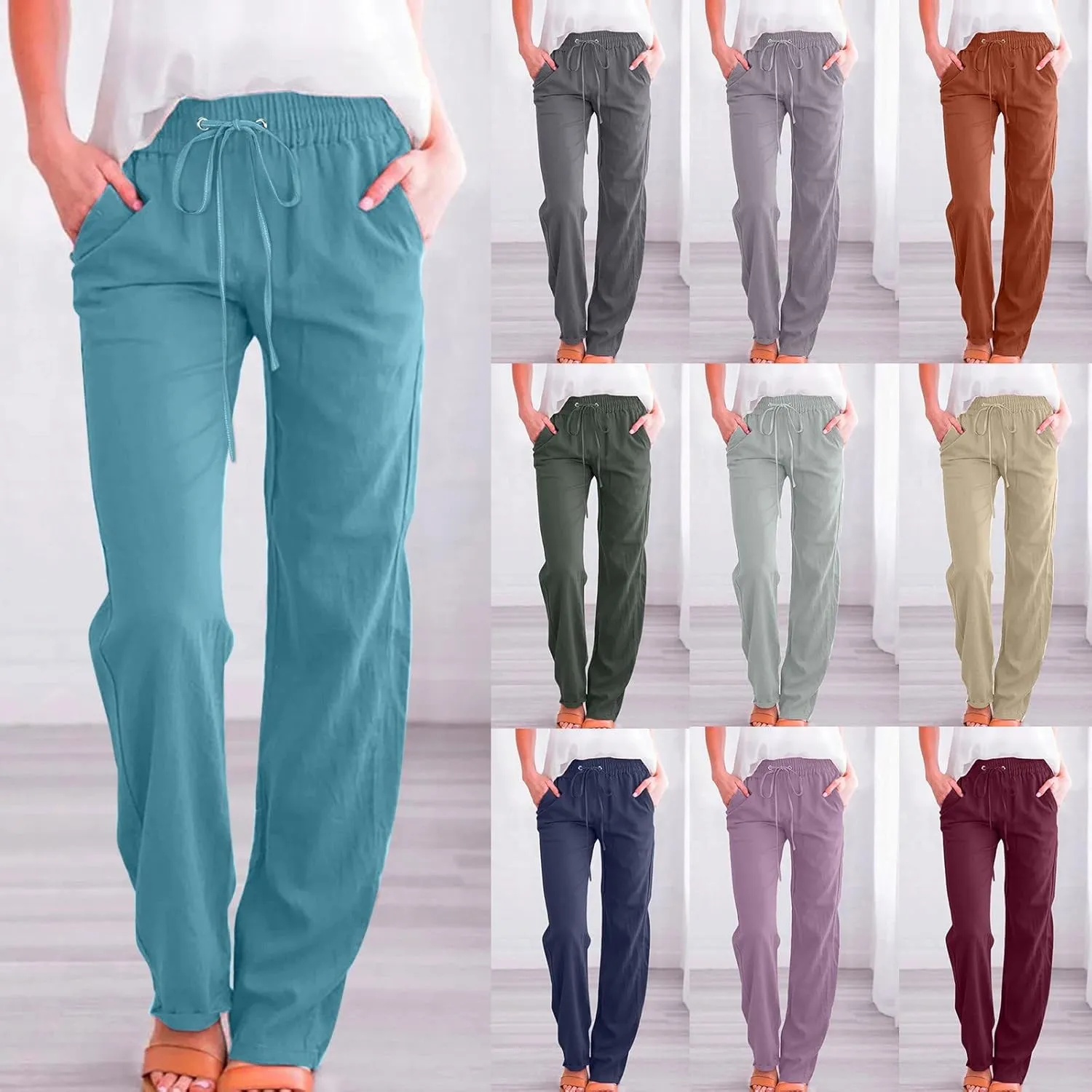Rvidbe Women Pants Trendy Womens Casual Straight Leg Drawstring Elastic Pants High Waist Loose Comfy Trousers Pants