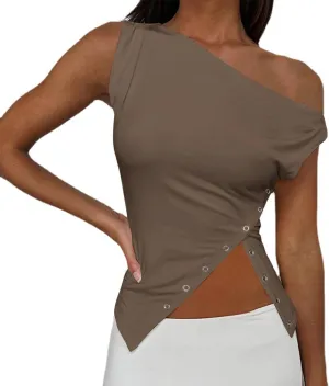SAFRISIOR Women One Shoulder Button Sexy Crop Top Solid Sleeveless Off Shoulder Asymmetric Crop Tank Top Vest Tee Shirt
