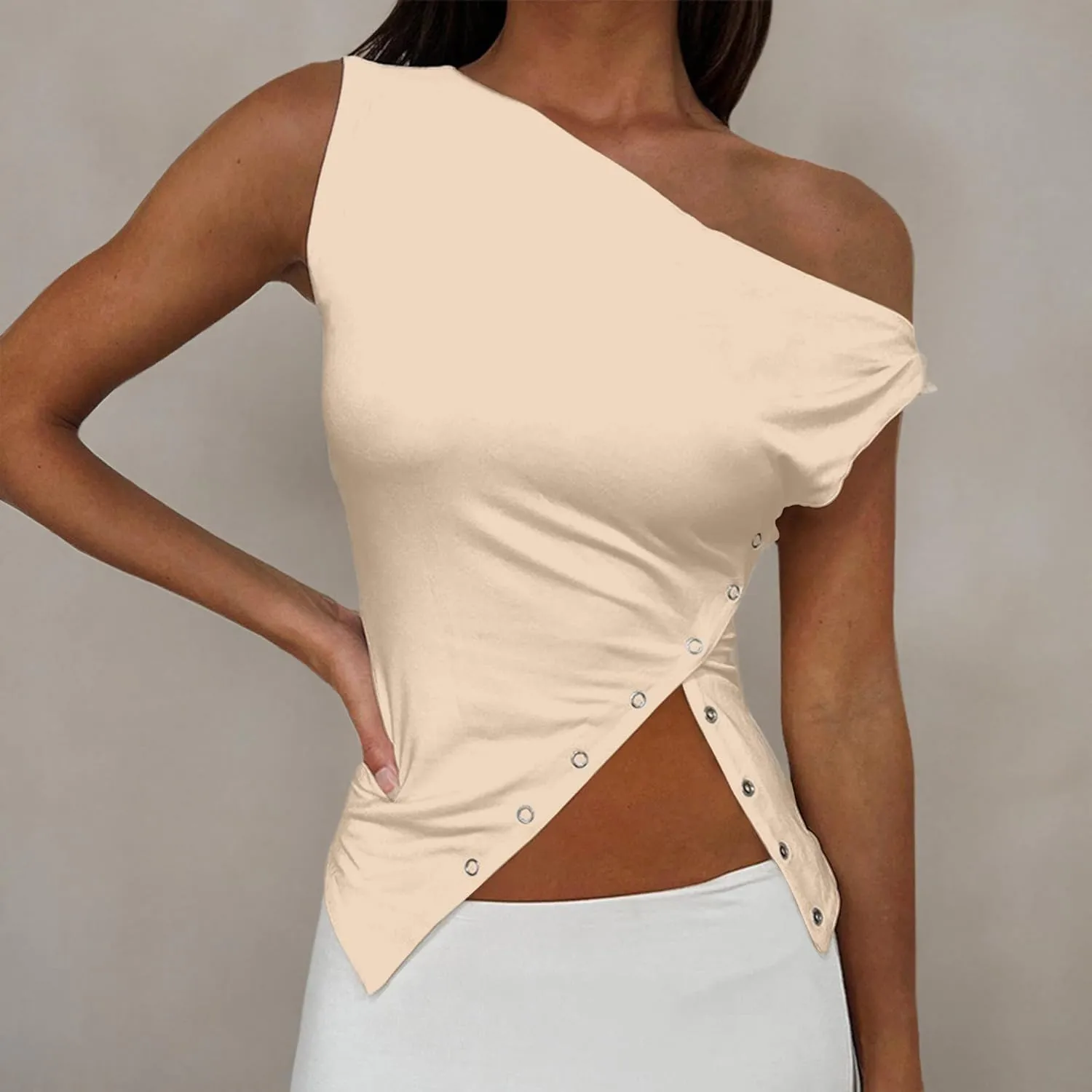SAFRISIOR Women One Shoulder Button Sexy Crop Top Solid Sleeveless Off Shoulder Asymmetric Crop Tank Top Vest Tee Shirt