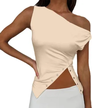 SAFRISIOR Women One Shoulder Button Sexy Crop Top Solid Sleeveless Off Shoulder Asymmetric Crop Tank Top Vest Tee Shirt