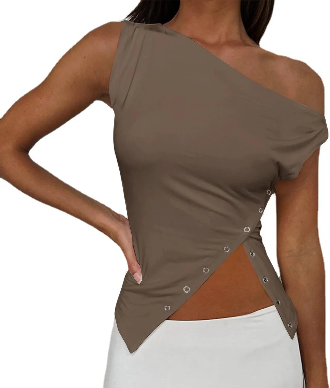 SAFRISIOR Women One Shoulder Button Sexy Crop Top Solid Sleeveless Off Shoulder Asymmetric Crop Tank Top Vest Tee Shirt