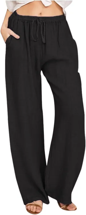sdbrld Womens Cotton Linen Pants Casual Wide Leg Elastic Waisted Drawsting Trousers Summer Loose Comfy Pants with Pocket