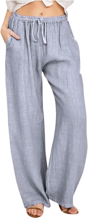 sdbrld Womens Cotton Linen Pants Casual Wide Leg Elastic Waisted Drawsting Trousers Summer Loose Comfy Pants with Pocket