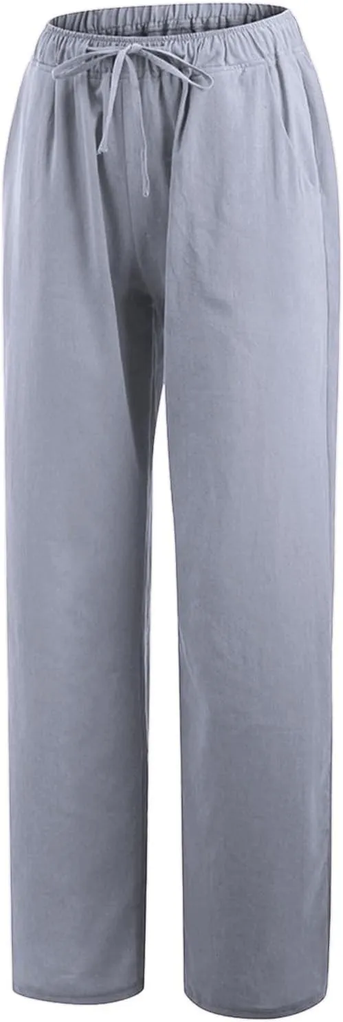 sdbrld Womens Cotton Linen Pants Casual Wide Leg Elastic Waisted Drawsting Trousers Summer Loose Comfy Pants with Pocket