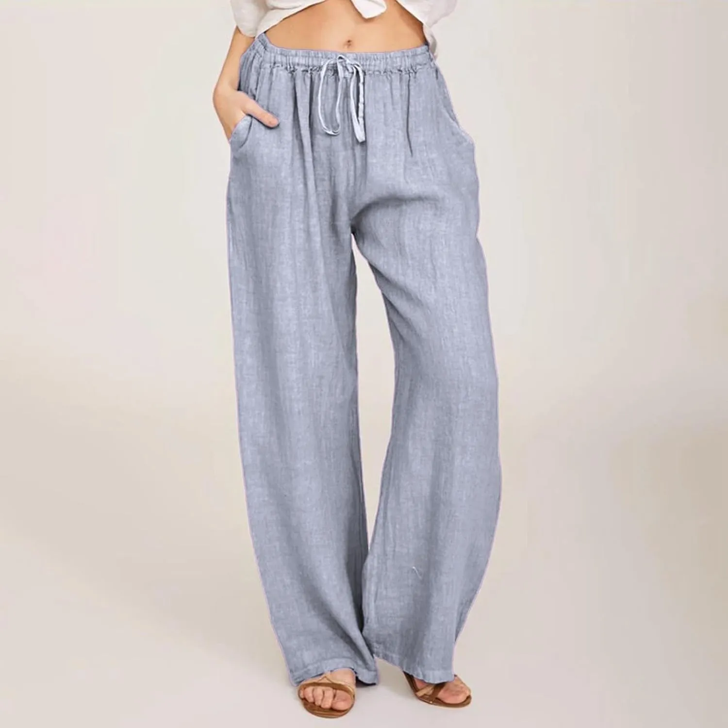 sdbrld Womens Cotton Linen Pants Casual Wide Leg Elastic Waisted Drawsting Trousers Summer Loose Comfy Pants with Pocket
