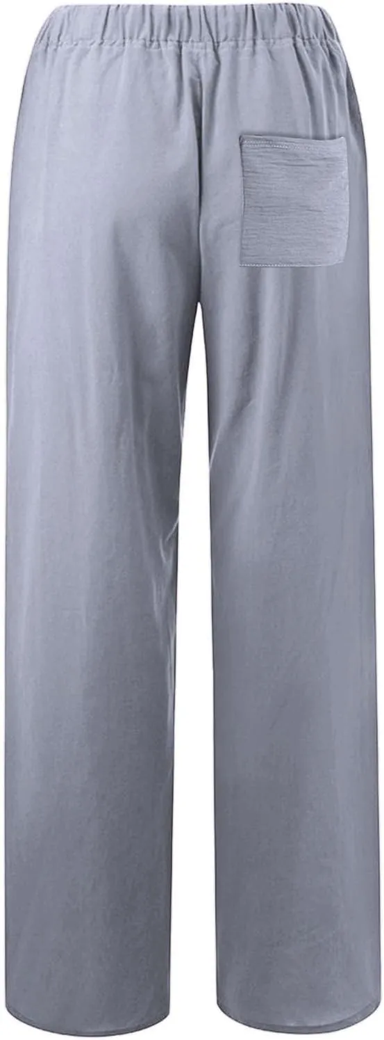sdbrld Womens Cotton Linen Pants Casual Wide Leg Elastic Waisted Drawsting Trousers Summer Loose Comfy Pants with Pocket