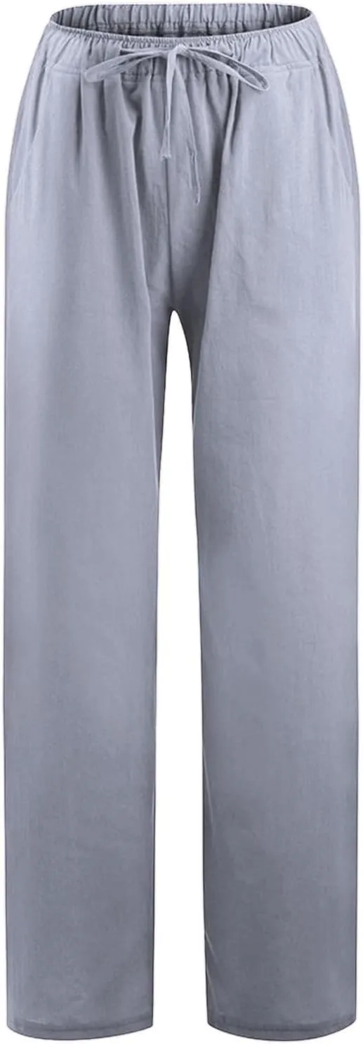 sdbrld Womens Cotton Linen Pants Casual Wide Leg Elastic Waisted Drawsting Trousers Summer Loose Comfy Pants with Pocket