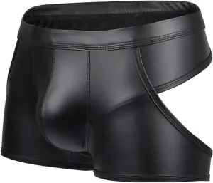 Sexy Patent Leather Boxer Briefs for Men Bulge Pouch Panties Low-Waist Open Hip Underwear Breathable Boyshorts Black