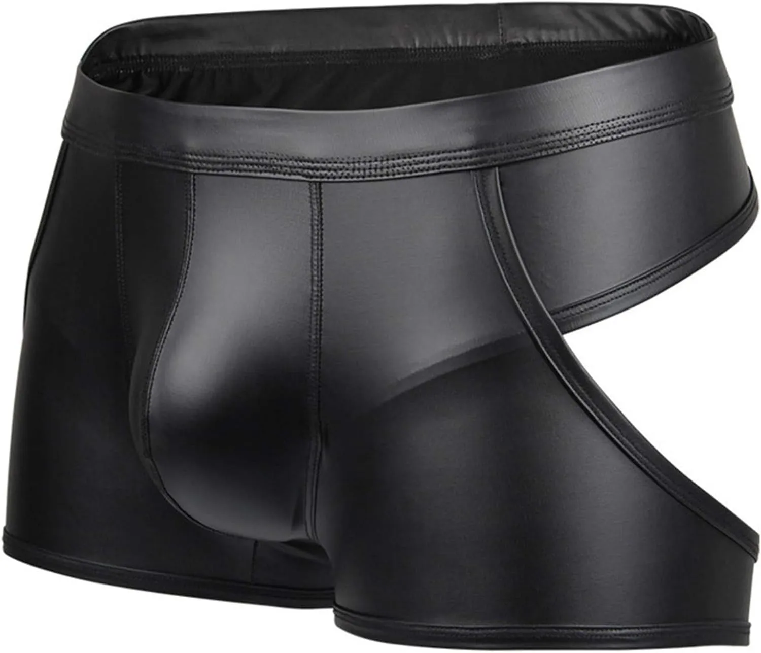 Sexy Patent Leather Boxer Briefs for Men Bulge Pouch Panties Low-Waist Open Hip Underwear Breathable Boyshorts Black