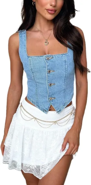 Seyurigaoka Womens Denim Vest Sleeveless Square Neck Button Down Jean Crop Top Smocked Backless Fitted Denim Corset Top