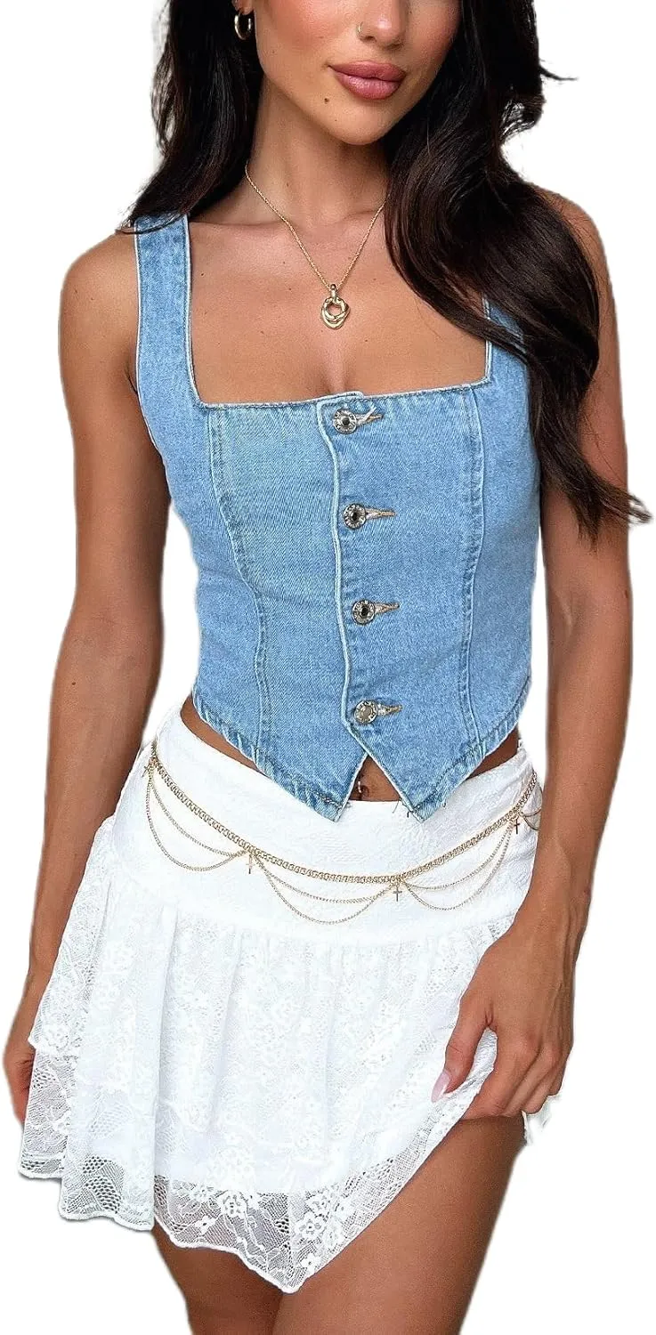Seyurigaoka Womens Denim Vest Sleeveless Square Neck Button Down Jean Crop Top Smocked Backless Fitted Denim Corset Top
