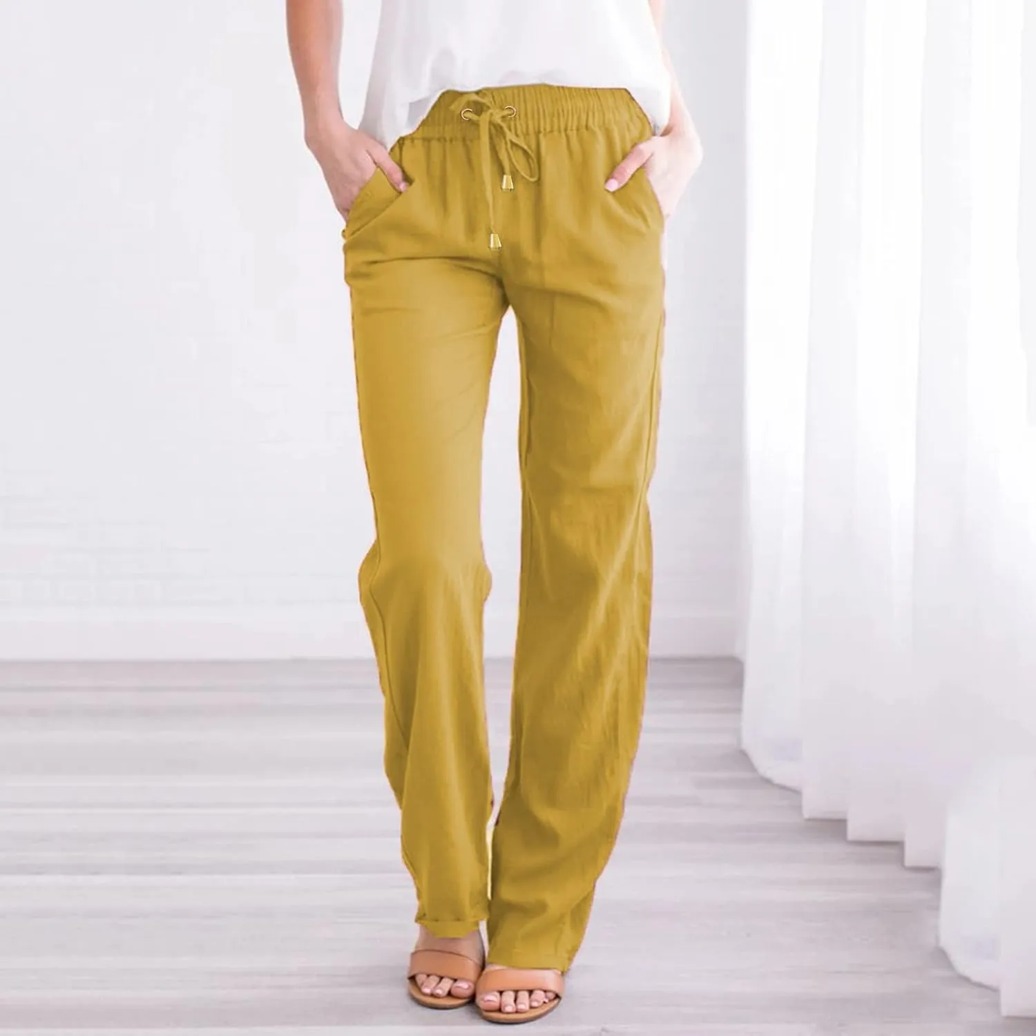 SHAOBGE Womens Casual Pants Straight Leg Drawstring Elastic High Waist Loose Comfy Trousers with Pockets
