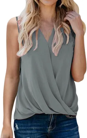 SHAOBGE Womens Tank Tops Summer Wrap V Neck Sleeveless/Short Sleeve Blouse Trendy Pleated Tanks Vest Elegant Tunic Tee Shirt