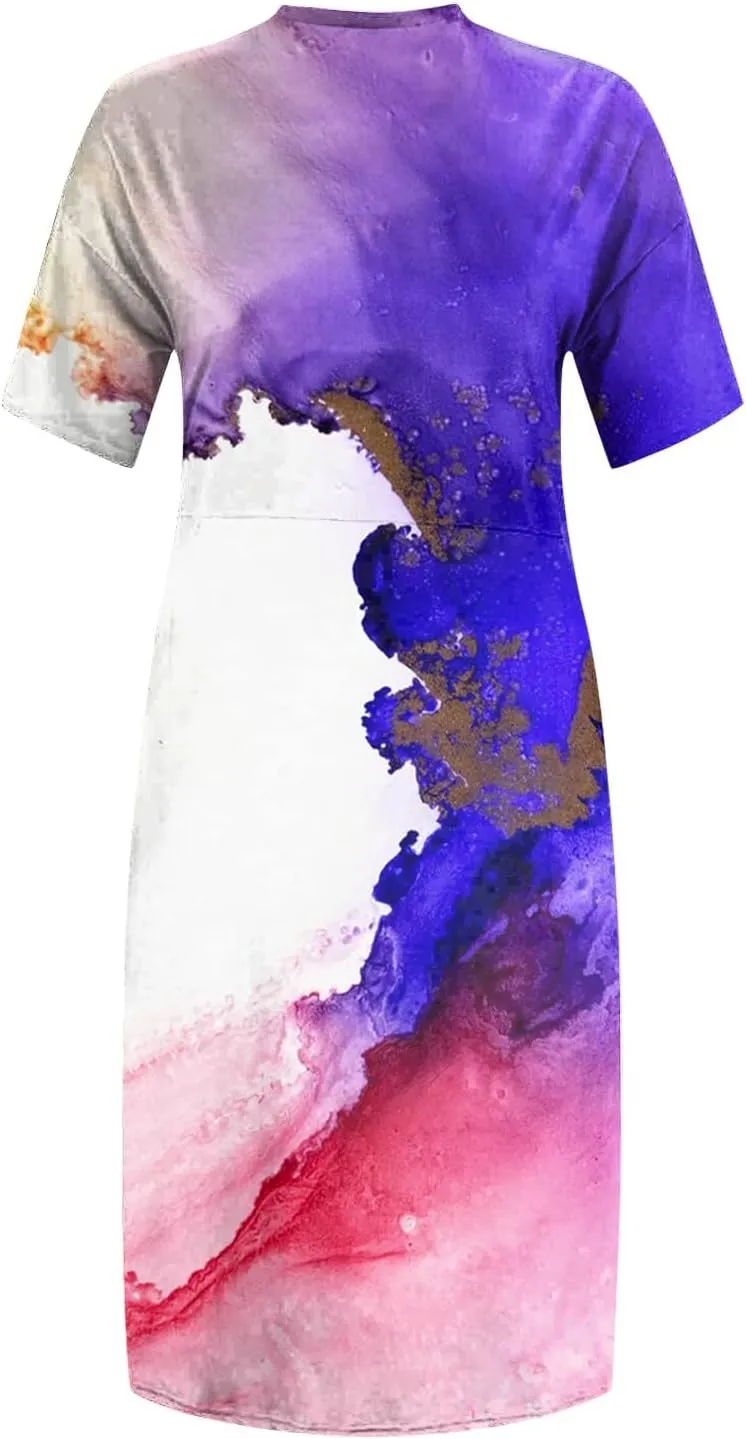 Short Sleeve Shirt Women 2024 Summer Casual T Shirt Plus Size V Neck Dress with Pocket Fashion Printed Pullover