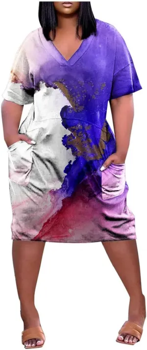 Short Sleeve Shirt Women 2024 Summer Casual T Shirt Plus Size V Neck Dress with Pocket Fashion Printed Pullover