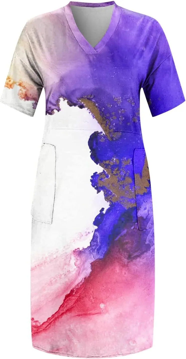 Short Sleeve Shirt Women 2024 Summer Casual T Shirt Plus Size V Neck Dress with Pocket Fashion Printed Pullover