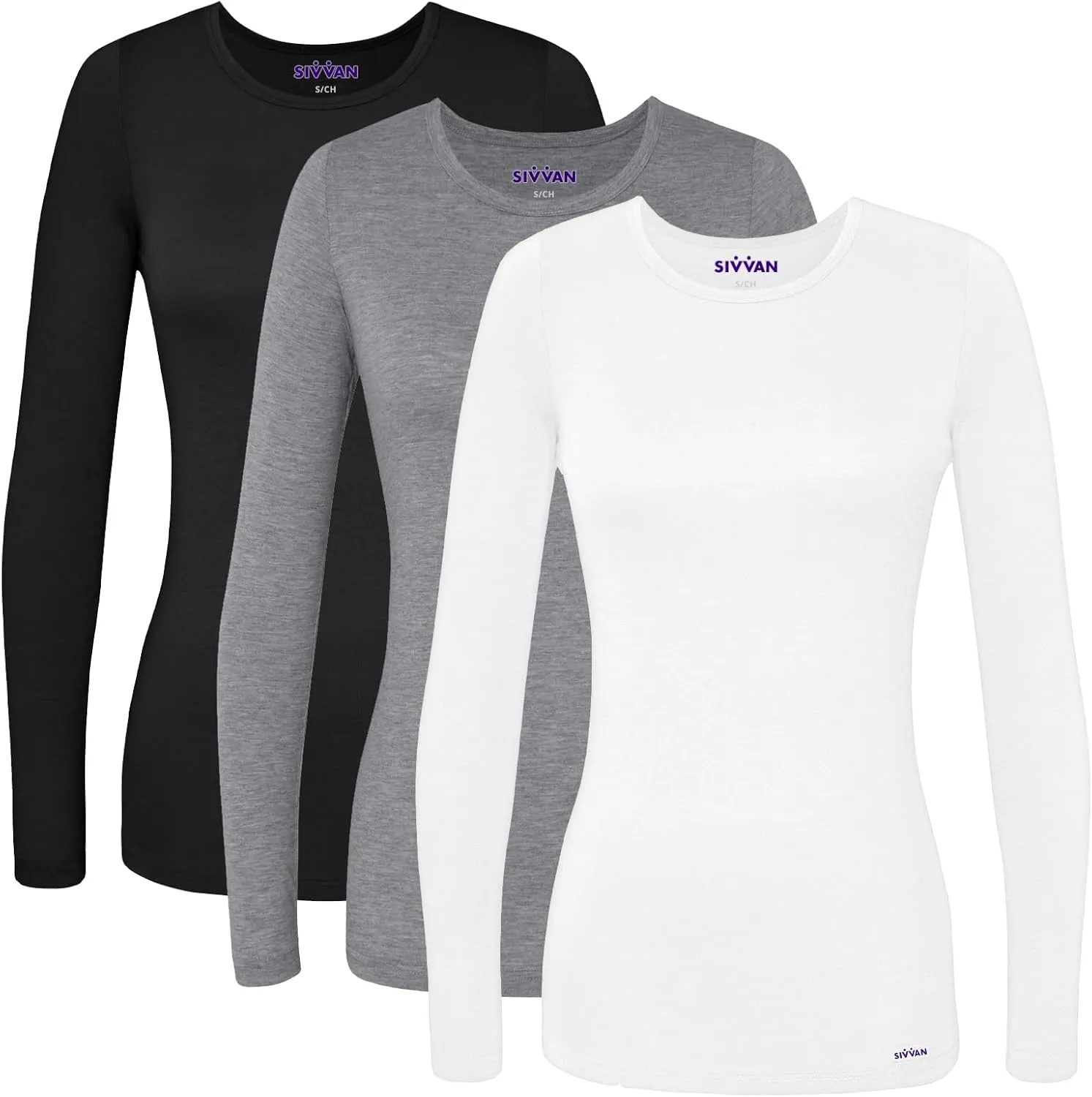 Sivvan Scrubs for Women - Long Sleeve Comfort Underscrub Tee 3-Pack