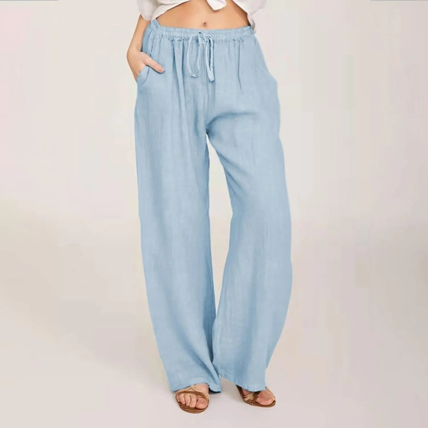 SMIDOW High Waist Wide Leg Pants for Women Drawstring Elastic Waist Casual Loose Comfy Cotton Linen Trousers