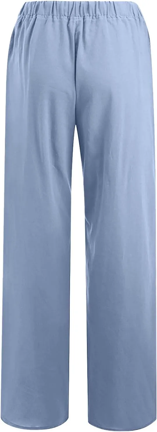 SMIDOW High Waist Wide Leg Pants for Women Drawstring Elastic Waist Casual Loose Comfy Cotton Linen Trousers