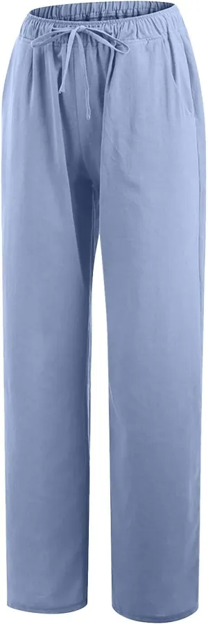 SMIDOW High Waist Wide Leg Pants for Women Drawstring Elastic Waist Casual Loose Comfy Cotton Linen Trousers
