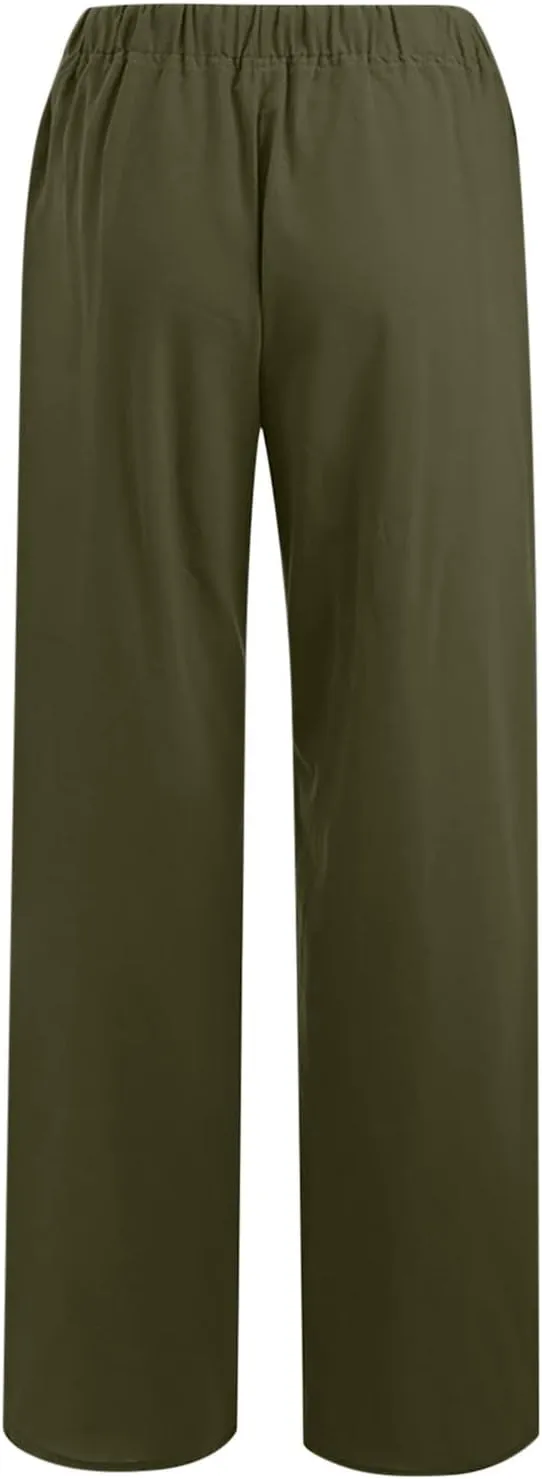 SMIDOW High Waist Wide Leg Pants for Women Drawstring Elastic Waist Casual Loose Comfy Cotton Linen Trousers