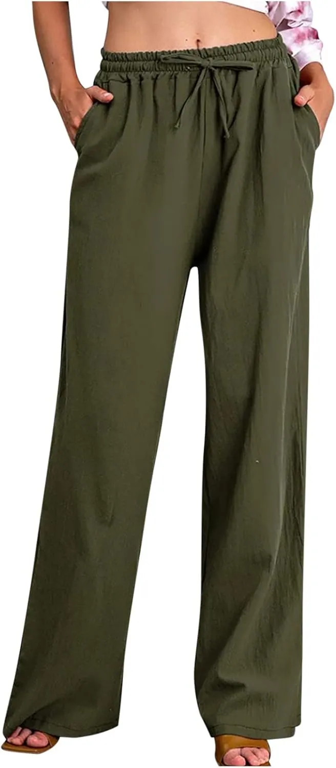 SMIDOW High Waist Wide Leg Pants for Women Drawstring Elastic Waist Casual Loose Comfy Cotton Linen Trousers