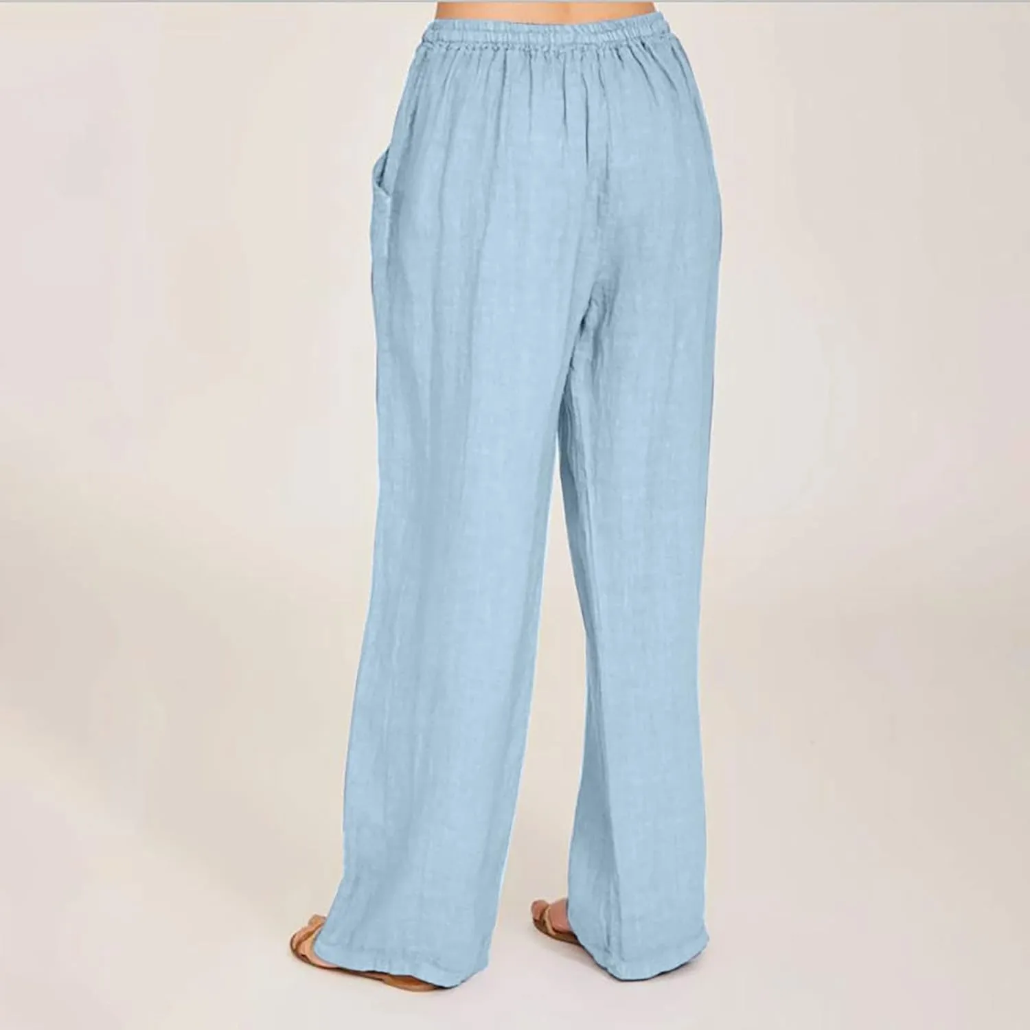 SMIDOW High Waist Wide Leg Pants for Women Drawstring Elastic Waist Casual Loose Comfy Cotton Linen Trousers