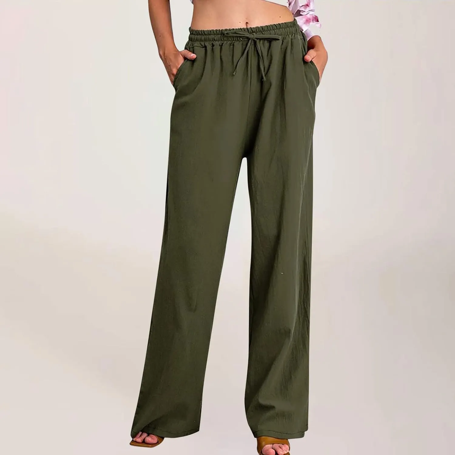 SMIDOW High Waist Wide Leg Pants for Women Drawstring Elastic Waist Casual Loose Comfy Cotton Linen Trousers