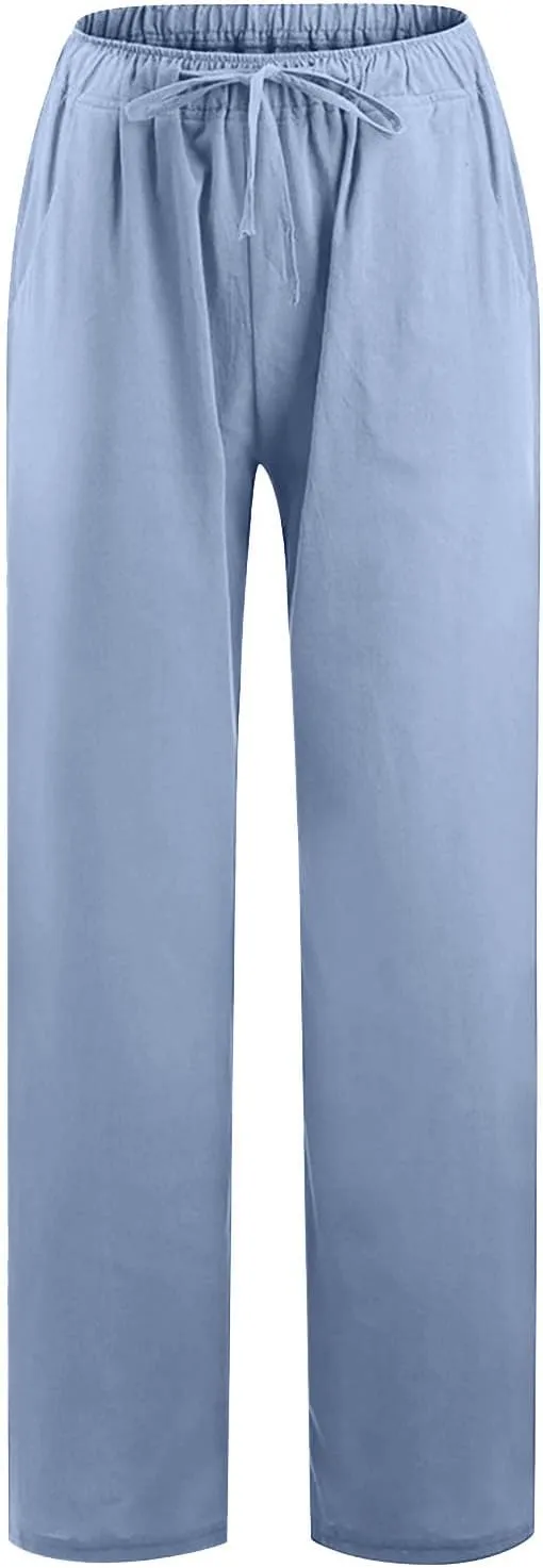 SMIDOW High Waist Wide Leg Pants for Women Drawstring Elastic Waist Casual Loose Comfy Cotton Linen Trousers