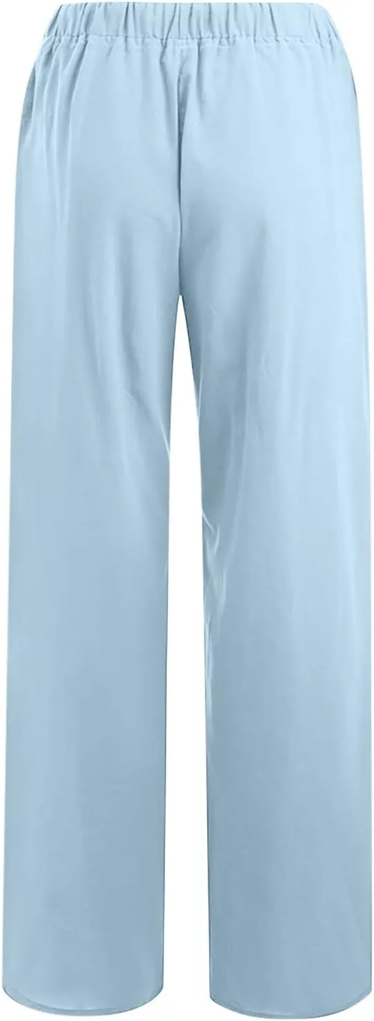SMIDOW High Waist Wide Leg Pants for Women Drawstring Elastic Waist Casual Loose Comfy Cotton Linen Trousers