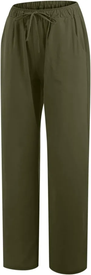 SMIDOW High Waist Wide Leg Pants for Women Drawstring Elastic Waist Casual Loose Comfy Cotton Linen Trousers