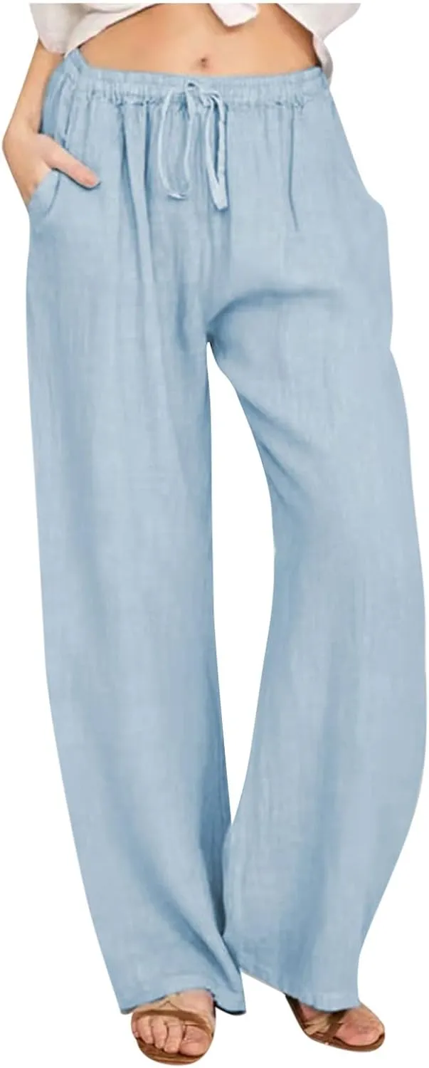 SMIDOW High Waist Wide Leg Pants for Women Drawstring Elastic Waist Casual Loose Comfy Cotton Linen Trousers