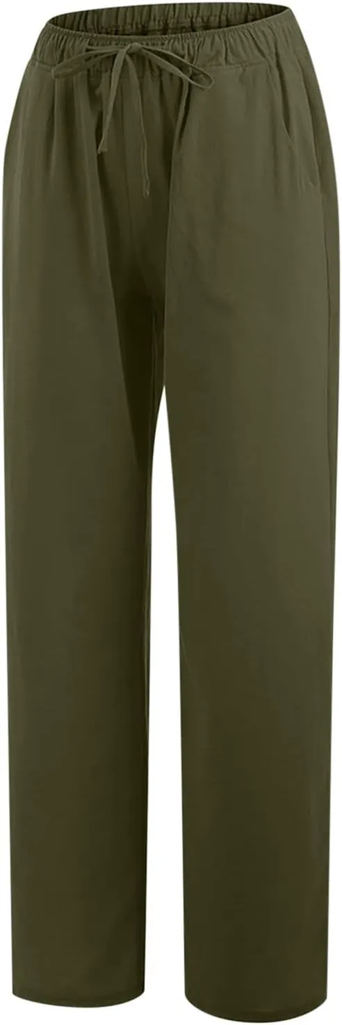SMIDOW High Waist Wide Leg Pants for Women Drawstring Elastic Waist Casual Loose Comfy Cotton Linen Trousers