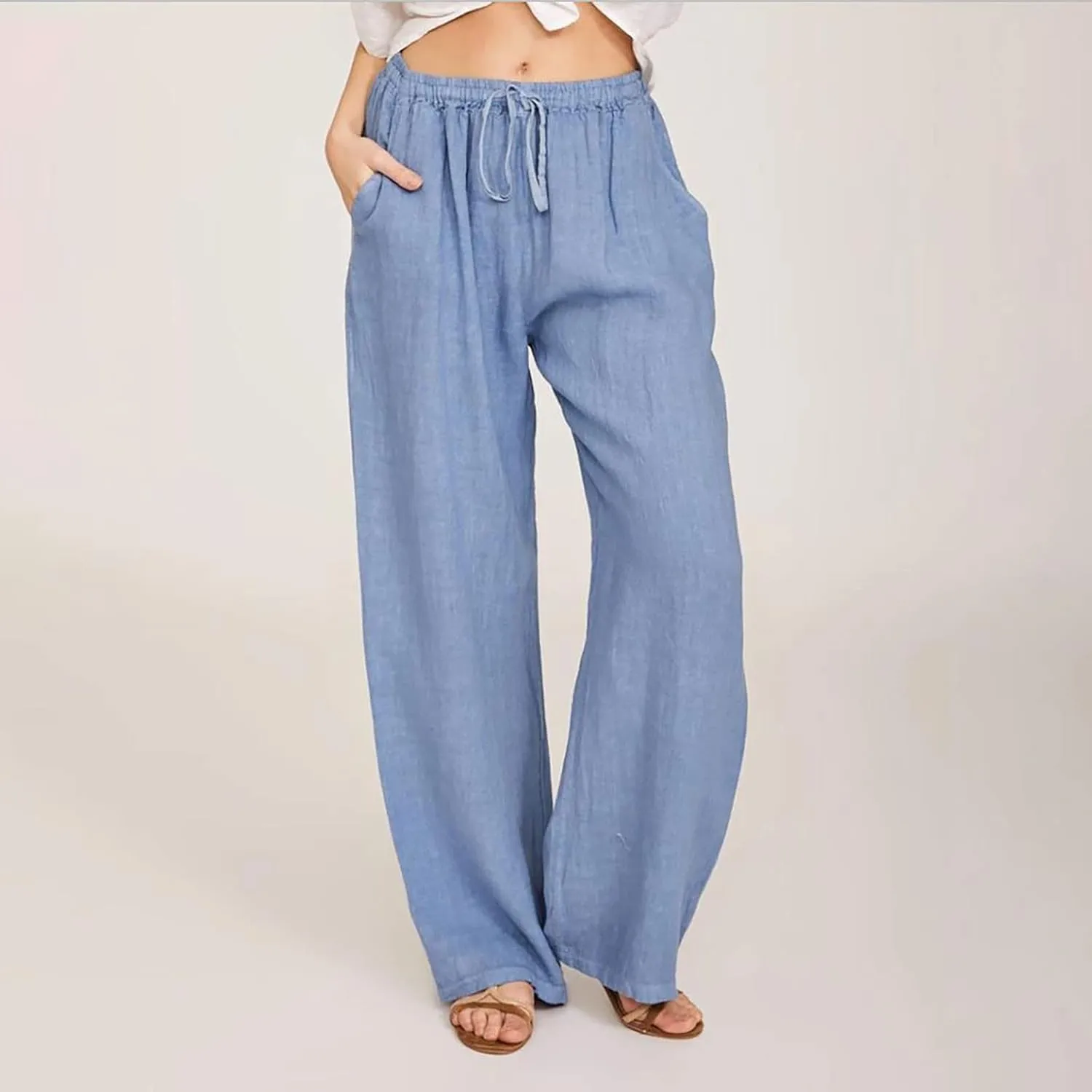 SMIDOW High Waist Wide Leg Pants for Women Drawstring Elastic Waist Casual Loose Comfy Cotton Linen Trousers