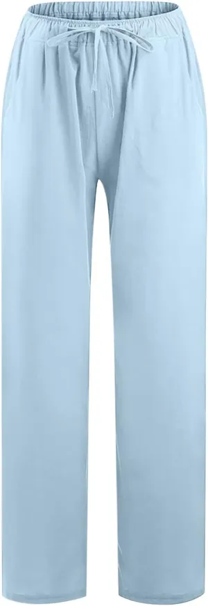 SMIDOW High Waist Wide Leg Pants for Women Drawstring Elastic Waist Casual Loose Comfy Cotton Linen Trousers