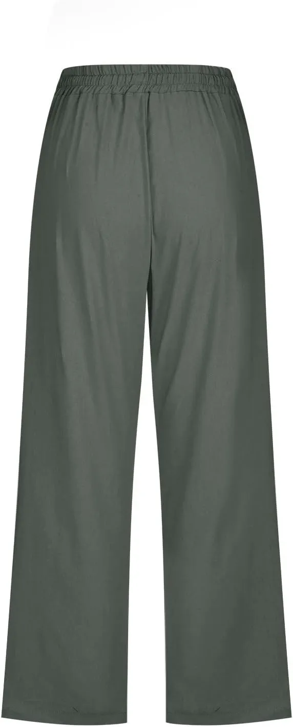 SMIDOW Womens Cotton Linen Capris Pants Drawstring High Waist Pants Wide Leg Cropped Pants Loose Comfy Trousers with Pockets