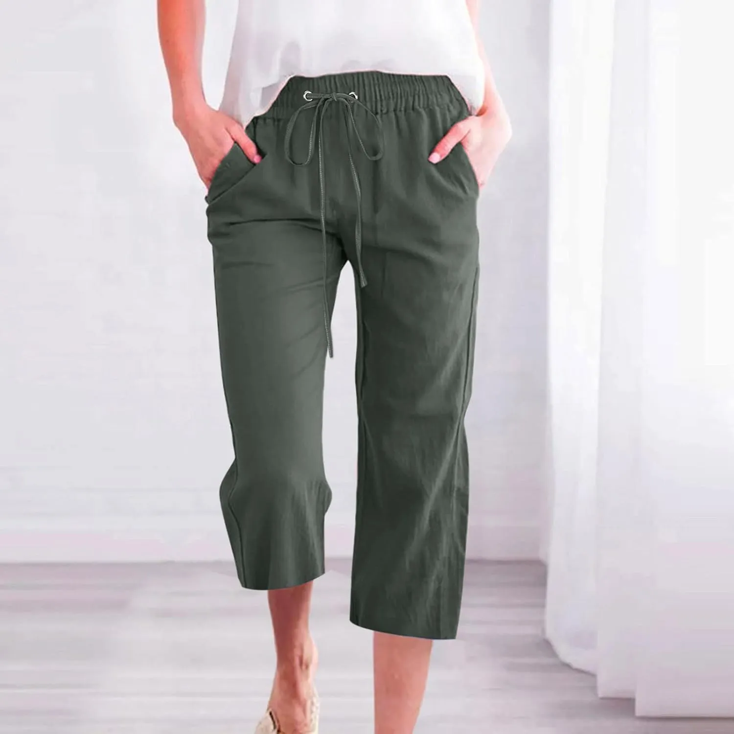 SMIDOW Womens Cotton Linen Capris Pants Drawstring High Waist Pants Wide Leg Cropped Pants Loose Comfy Trousers with Pockets