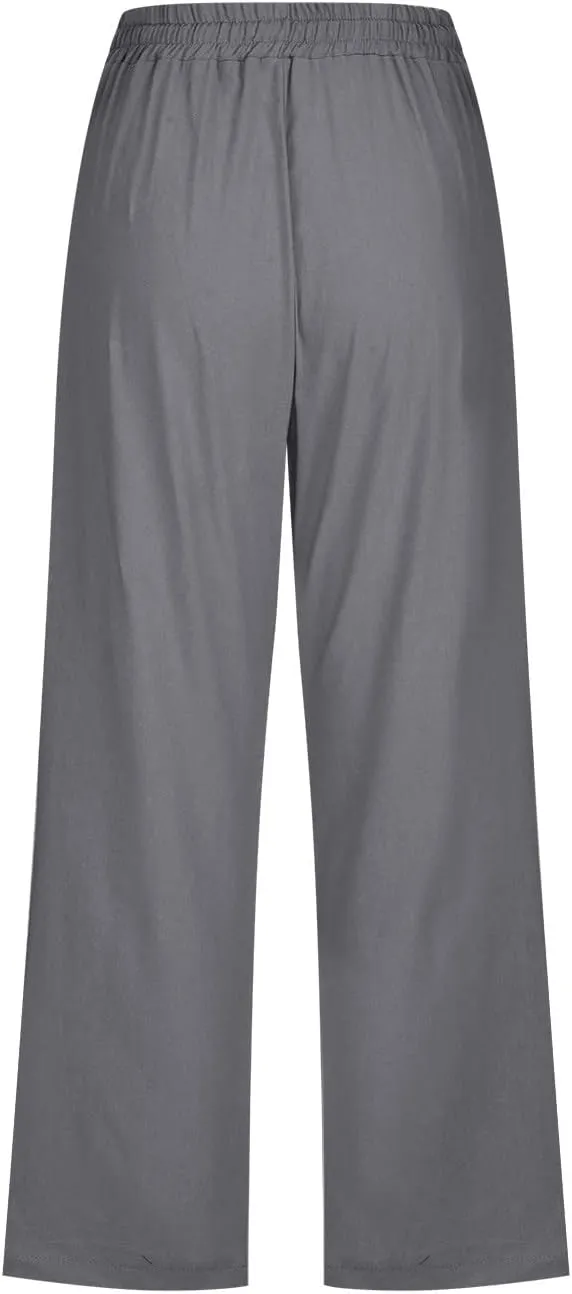 SMIDOW Womens Cotton Linen Capris Pants Drawstring High Waist Pants Wide Leg Cropped Pants Loose Comfy Trousers with Pockets