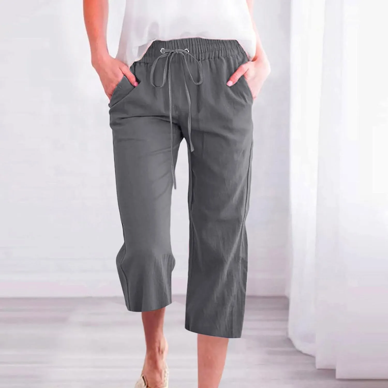 SMIDOW Womens Cotton Linen Capris Pants Drawstring High Waist Pants Wide Leg Cropped Pants Loose Comfy Trousers with Pockets