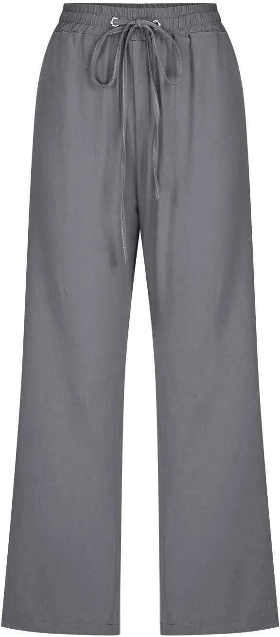 SMIDOW Womens Cotton Linen Capris Pants Drawstring High Waist Pants Wide Leg Cropped Pants Loose Comfy Trousers with Pockets