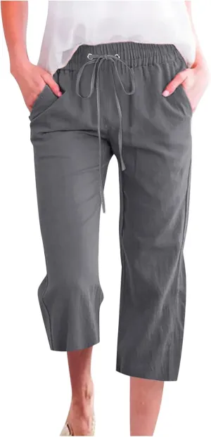 SMIDOW Womens Cotton Linen Capris Pants Drawstring High Waist Pants Wide Leg Cropped Pants Loose Comfy Trousers with Pockets