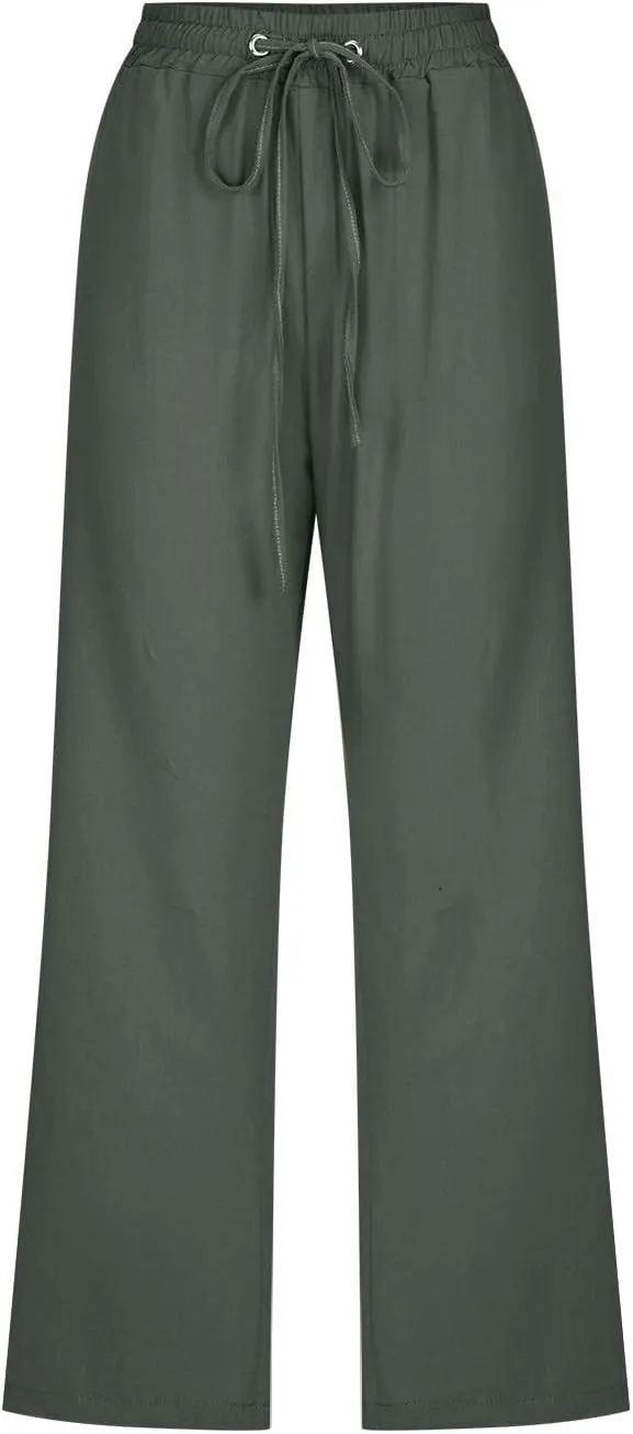 SMIDOW Womens Cotton Linen Capris Pants Drawstring High Waist Pants Wide Leg Cropped Pants Loose Comfy Trousers with Pockets